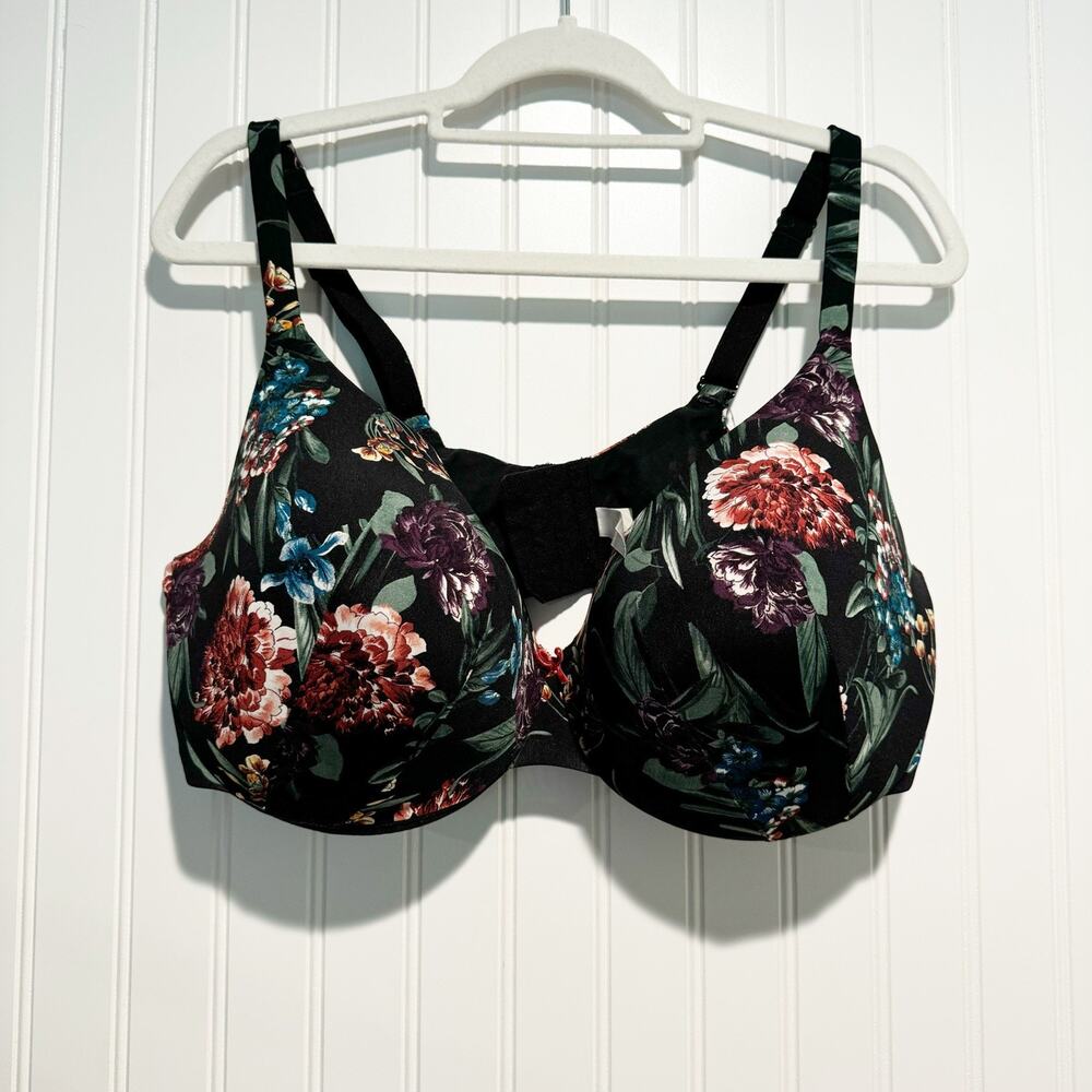 Cacique Black Floral Lightly Lined T Shirt Bra Underwire Size 44DDD